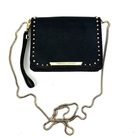 Rebecca Minkoff Shea Tech Crossbody Black Serafino Leather Gold Chain Studded - Picture 1 of 10